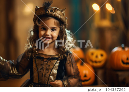 Happy girl in halloween costumes with Generative AI 104387262