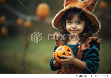 Happy girl in halloween costumes with Generative AI 104387263