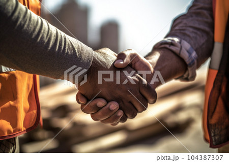 two construction workers shaking hands at a construction site with Generative AI 104387307