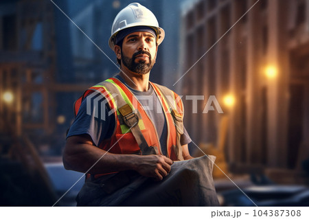 handsome construction worker with blueprints on worksite with Generative AI 104387308