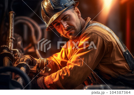 male industrial worker with helmet fixing valve of water pipe with Generative AI 104387364
