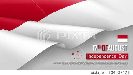 Indonesian Independence day horizontal web banner. Patriotic background with realistic waving indonesian flag. National traditional holiday vector illustration. Indonesia republic day celebrating 104387521