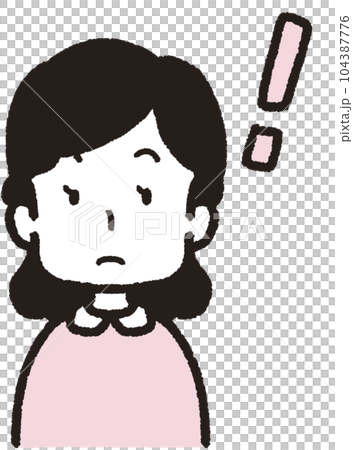 Upper body illustration of a woman facing the front with an exclamation mark on the right side of her face Upper body illustration of a woman facing the front with an exclamation mark on the right side of her face 104387776
