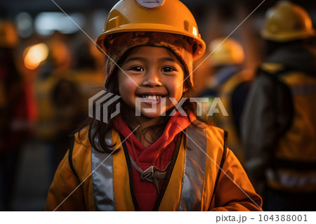 Happy girl in Construction Worker costume with Generative AI 104388001