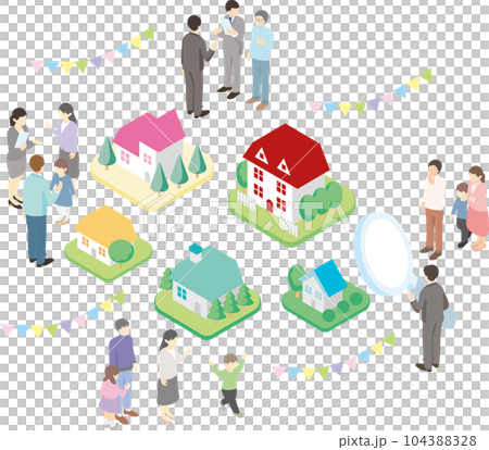 Isometric house housing real estate townscape person family illustration material set Isometric house housing real estate townscape person family illustration material set 104388328