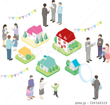 アイソメトリック 家 住宅 不動産 街並み 人物 家族 イラスト素材セット アイソメトリック 家 住宅 不動産 街並み 人物 家族 イラスト素材セット 104388329
