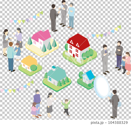 アイソメトリック 家 住宅 不動産 街並み 人物 家族 イラスト素材セット アイソメトリック 家 住宅 不動産 街並み 人物 家族 イラスト素材セット 104388329
