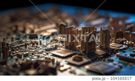 コンピュータ基板を擬似的に街並みに見立てたイメージ背景画像：精緻CG画像