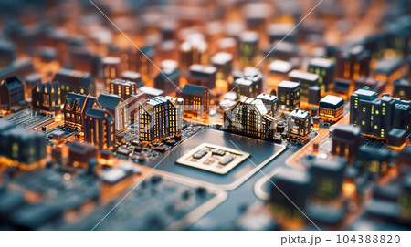 コンピュータ基板を擬似的に街並みに見立てたイメージ背景画像：精緻CG画像