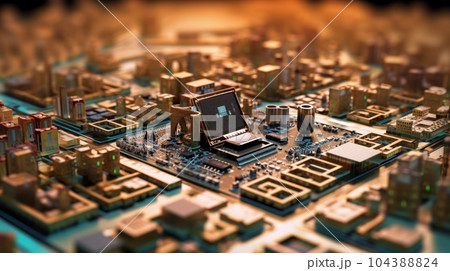 コンピュータ基板を擬似的に街並みに見立てたイメージ背景画像：精緻CG画像