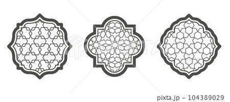 Ramadan window with pattern. Arabic architecture vector shape in mosque. Arabesque arch frame with ornament. 104389029