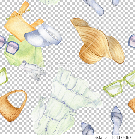 White dress, straw hat, bag, glasses watercolor seamless pattern isolated on white. Woman's summer beach outfit hand drawn. Design for shop, textile, packaging, showcase, summer print, background 104389362