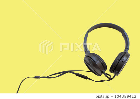 black headphone of listening of lifestyle arrangement flat lay postcard style  104389412