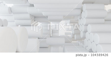 Luxury white abstract architectural minimalistic background. Contemporary showroom. Modern  exhibition stand. Empty gallery. Backlight. Polygonal Graphic Design. 3D illustration and rendering. 104389426
