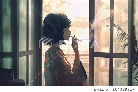 窓際でタバコを吸う若い日本人女性 窓際でタバコを吸う若い日本人女性 104389517