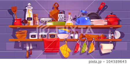 Kitchen shelf with utensil and dish vector set 104389643