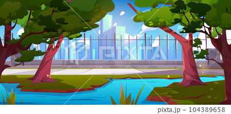 Summer city park with pond and path near fence Summer city park with pond and path near fence 104389658