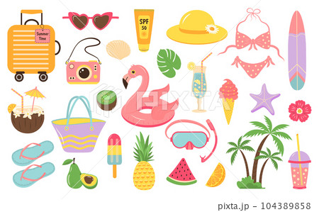 Summer beach set of icons. Cute cartoon stickers collection. Summer holiday, hello summer, beach party, relax concept. 104389858