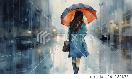 雨降りの街角に女性が傘をさしている風景：　水彩画