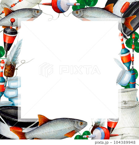 Watercolor drawing square frame from various fishing bobblers, fish, buckets, clover leaves, fishing nets, fishing line, bait cans. White background square in the middle. Angling gear for cards, logo 104389948