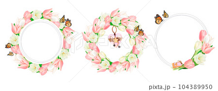 Watercolour drawn set of wreaths from beautiful pink and white tulip flowers and butterflies on white background. Perfect drawing round frame for sticker, logo, textile prints, photo, invitation, card Watercolour drawn set of wreaths from beautiful pink and white tulip flowers and butterflies on white background. Perfect drawing round frame for sticker, logo, textile prints, photo, invitation, card 104389950