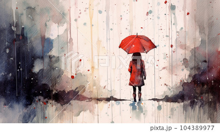 雨降りの公園を傘をさした若い女性が歩いている風景：　水彩画
