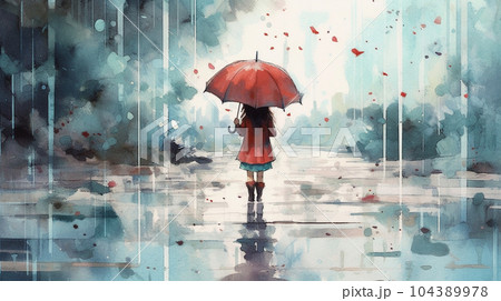 雨降りの公園を傘をさした若い女性が歩いている風景：　水彩画