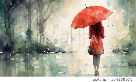 雨降りの公園を傘をさした若い女性が歩いている風景：　水彩画