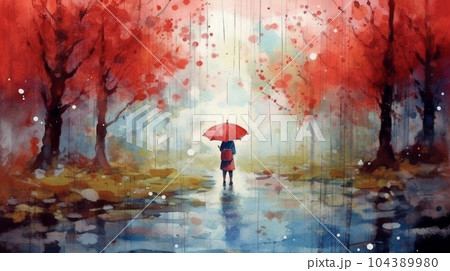 雨降りの公園を傘をさした若い女性が歩いている風景：　水彩画