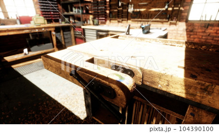 Vintage stylized old carpenter workshop interior 104390100