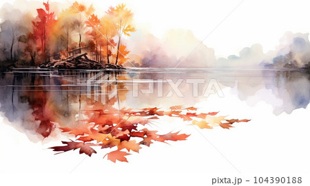 水面から見た紅葉：水彩画