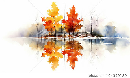 水面から見た紅葉：水彩画