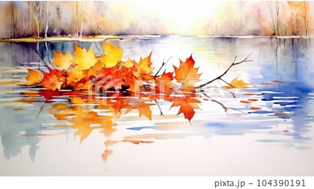 水面から見た紅葉：水彩画