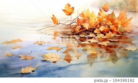 水面から見た紅葉：水彩画