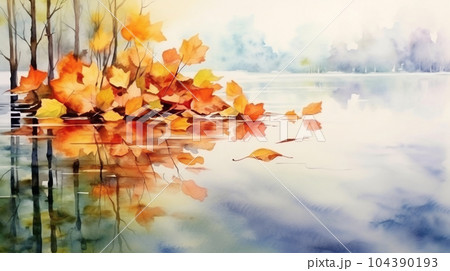 水面から見た紅葉：水彩画