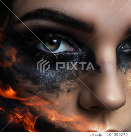 Face of a beautiful woman with black makeup and fire on her face. Fashion creative make-up. Fashion show. Face of a beautiful woman with black makeup and fire on her face. Fashion creative make-up. Fashion show. 104390279