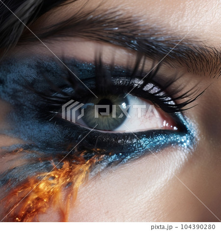 Macro shot of beautiful woman's eye with dark make-up. Close-up of female eye with long false eyelashes and black glossy make-up. Fashion creative make-up. Macro shot of beautiful woman's eye with dark make-up. Close-up of female eye with long false eyelashes and black glossy make-up. Fashion creative make-up. 104390280