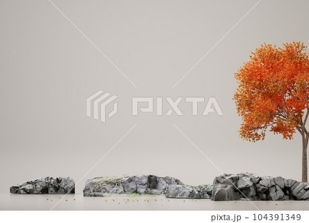 Autumn tree and rock isolated on blue background. Minimal concept with copy space.  rendering. illustration 104391349