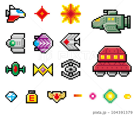 横シューティングゲーム風ドット絵　戦闘機 104391379