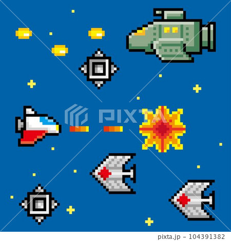 横シューティングゲーム風ドット絵　ミニ画面 104391382