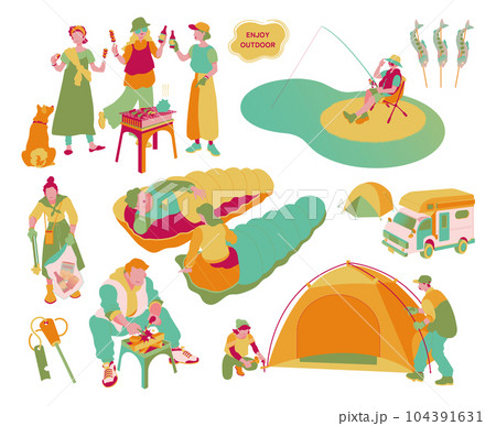 キャンプ活動を楽しむ人々のセット2 キャンプ活動を楽しむ人々のセット2 104391631