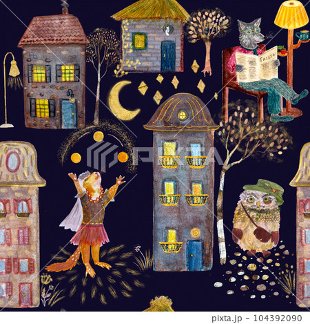 Hand painted watercolor city animals dark pattern  104392090