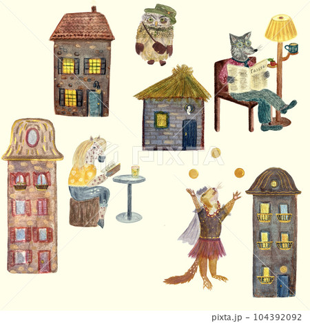 Hand painted watercolor corky city animals pattern Hand painted watercolor corky city animals pattern 104392092