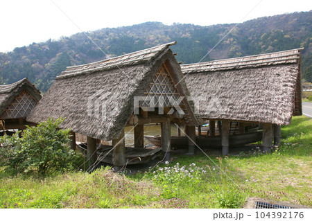茅葺の船小屋　三方湖　三方湖畔　三方五湖　船子屋　茅葺き屋根　若狭町　福井県　三方上中郡　桜　春景色 104392176