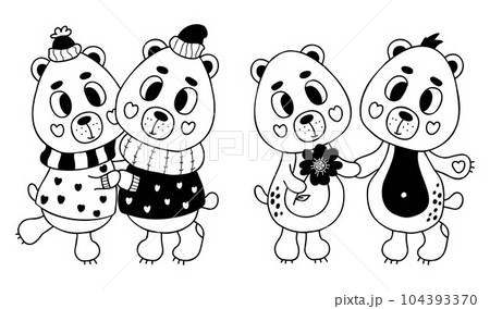 Collection bears in love. Couple cute bears hugging in romantic winter clothes and pair animals with flower. Vector illustration in doodle style. isolated funny cute characters teddy bear. 104393370