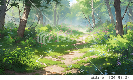 landscape countryside cartoon scene background. dirt path leading to inside deep forest on sunny day. generative AI 104393388