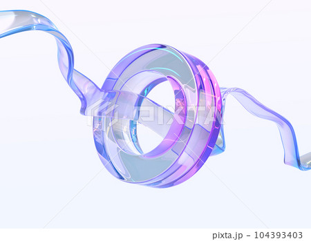 Flying geometric shapes, glass transparent ribbon with crystal hologram ring 3d render. Luxury minimal background with wave rainbow plastic or acrylic line and colorful round figure. 3D illustration Flying geometric shapes, glass transparent ribbon with crystal hologram ring 3d render. Luxury minimal background with wave rainbow plastic or acrylic line and colorful round figure. 3D illustration 104393403
