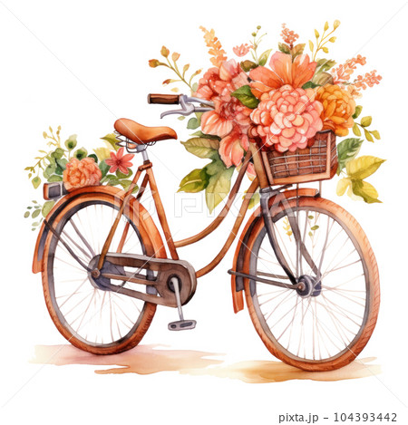 花と自転車のはり絵 Cute watercolor bicycle with flowers.のイラスト素材