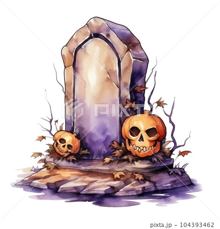 Watercolor halloween cute cartoon tombstone isolated. Illustration AI Generative 104393462