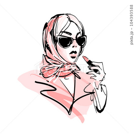 Beautiful fashionable woman in a scarf and sunglasses paints her lips with lipstick. Modern fashion sketch with line and watercolor. Stylish vector doodle illustration. Beautiful fashionable woman in a scarf and sunglasses paints her lips with lipstick. Modern fashion sketch with line and watercolor. Stylish vector doodle illustration. 104393588